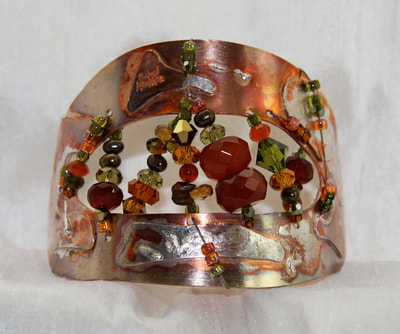 Hand Formed Copper Cuff with Hand Painted Elastic Silk Back, Beaded with Carnelian, Tourmaline, Citrine, Swarovski Crystals, Freshwater Pearls, Japanese Seed Beads