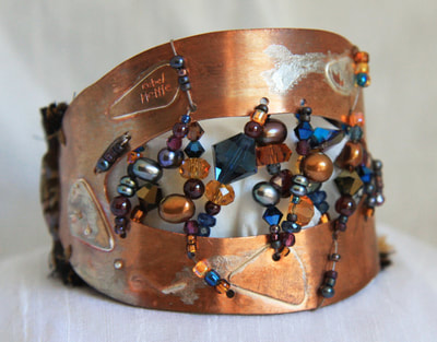 Hand Formed Copper Cuff with Hand Painted Silk Elastic Back and Garnet, Freshwater Pearls, Japanese Seed Beads, Swarovski Crystals