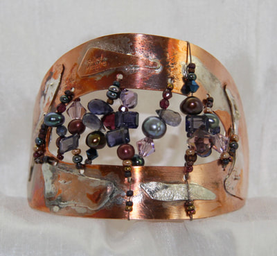 Hand Formed Copper Cuff with Hand Painted Elastic Silk Back, Beaded with Freshwater Pearls, Iolite, Garnet, Swarovski Crystals, Japanese Seed Beads