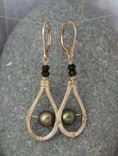 Freshwater Pearl, Green Tourmaline Hand Formed Teardrop Earrings