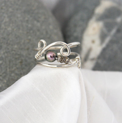 Freshwater Pearl, Mystic Topaz Hand Formed Silver Scroll Ring