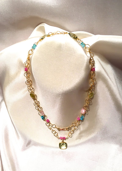 Pink Sapphire, Blue Apatite, Pink Kunzite, Green Topaz Double Long Necklace