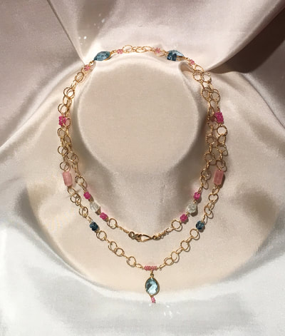Pink Kunzite, Aquamarine, Pink Sapphire, Pink Topaz, Blue Topaz, London Blue Topaz Double Long Necklace