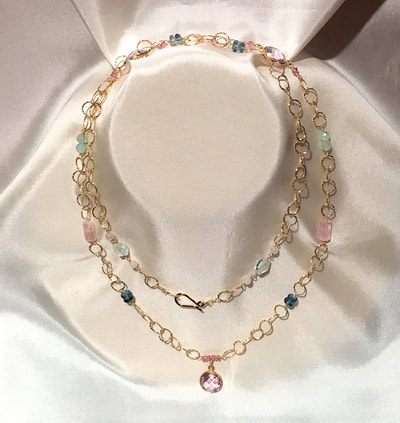 Aquamarine, Blue Topaz, Amethyst, Pink Topaz Peruvian Blue Opal Double Long Necklace