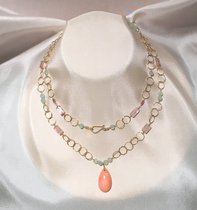 Sea of Taiwan Coral, Pink Kunzite, Peruvian Blue Opal, Pink Topaz Double Long Necklace
